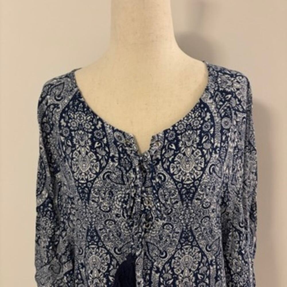 Fifteen Twenty Blue White Boho Tassel Blouse - Picture 2 of 12